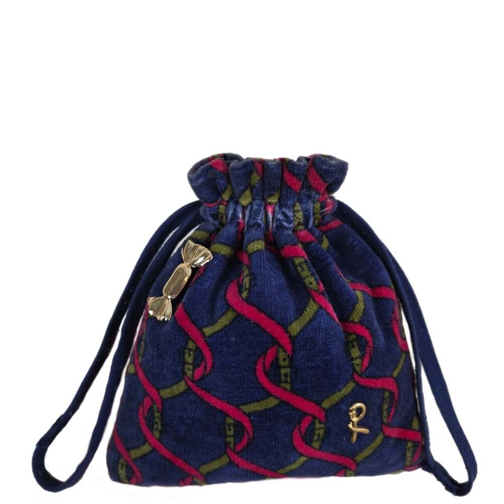 Roberta Di Camerino Velvet Drawstring Pouch Trompe L’oeil Pattern Leather Lining